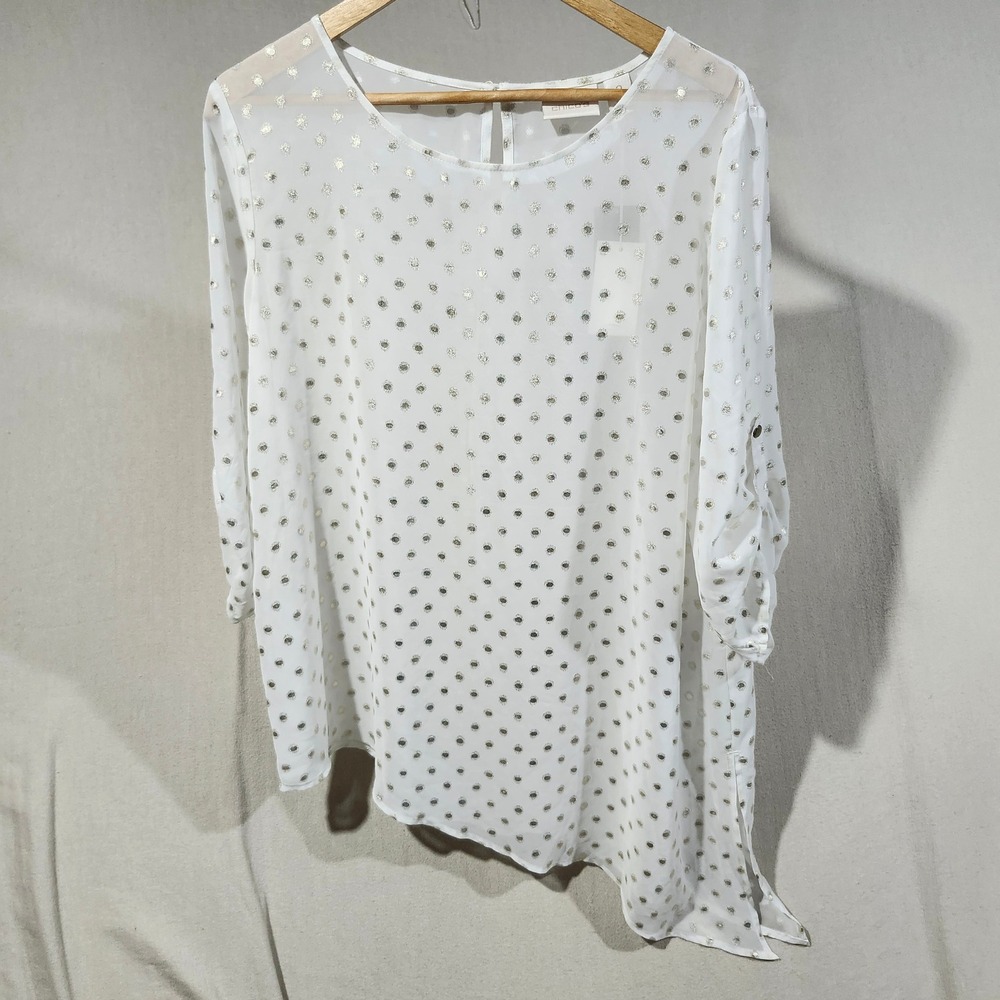 Chicos Diandra Adorable Dots Top Antique White Gold Foil 3/4 Roll Tab Sleeve 2